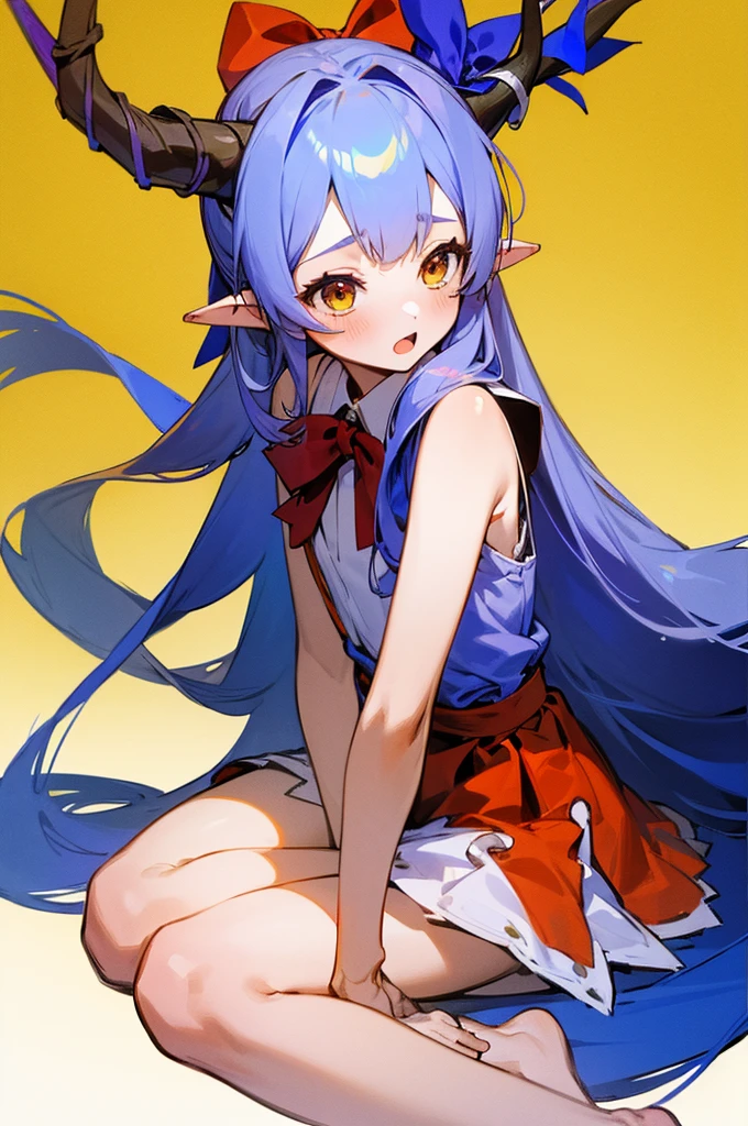 1girl, barefoot:1.4, blue ribbon, blush, bow, hair bow, horn ornament, horn ribbon, horns, (ibuki suika), long hair, looking at viewer, open mouth, pointy ears, red bow, ribbon, shirt, sitting, skirt, sleeveless, solo, very long hair, yellow background, yellow eyes, super detailed, cute:1.3