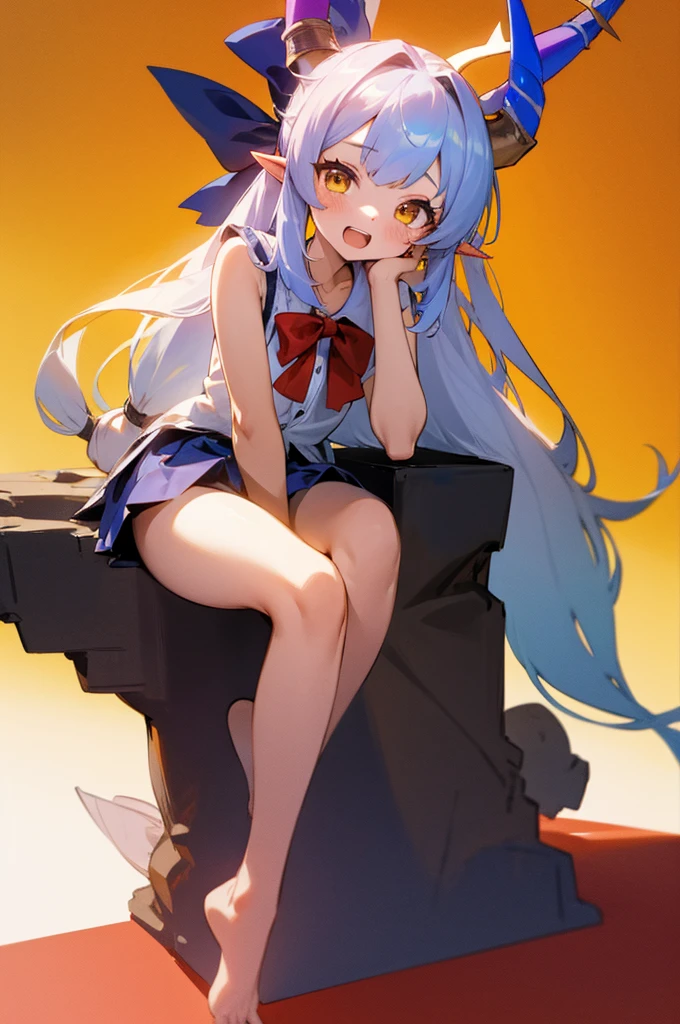 1girl, barefoot:1.4, blue ribbon, blush, bow, hair bow, horn ornament, horn ribbon, horns, (ibuki suika), long hair, looking at viewer, open mouth, pointy ears, red bow, ribbon, shirt, sitting, skirt, sleeveless, solo, very long hair, yellow background, yellow eyes, super detailed, cute:1.3