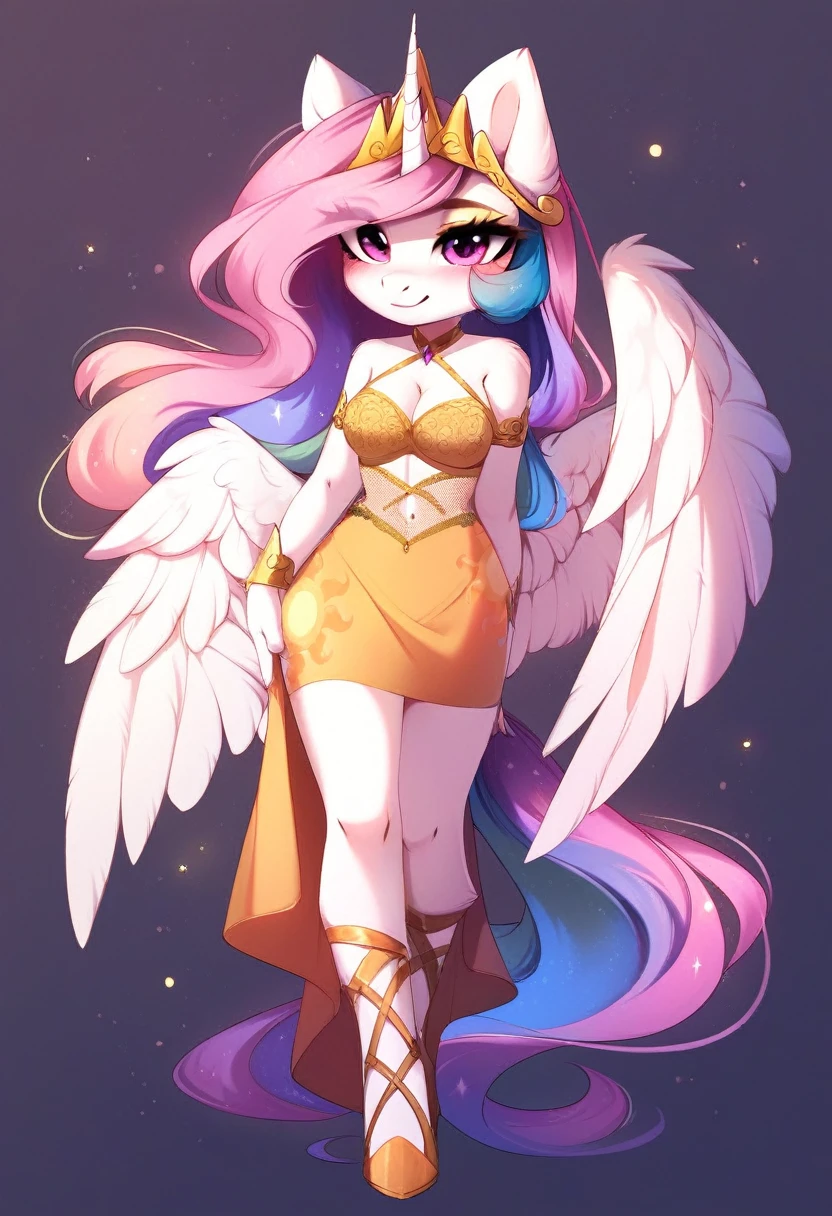 check_9, check_8_up, check_7_up, source_fluffy, rating_safe, from Magnaluna, Celestia poses seductively in a white bedroom, pink eyes, white body, anthro, blushing, wearing tight golden lingerie skirt, full body