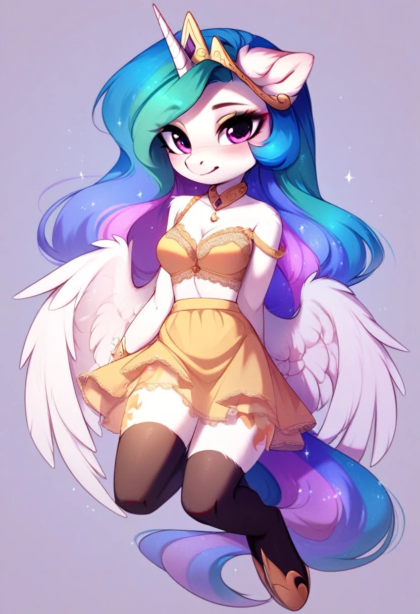 check_9, check_8_up, check_7_up, source_fluffy, rating_safe, from Magnaluna, Celestia poses seductively in a white bedroom, pink eyes, white body, anthro, blushing, wearing tight golden lingerie skirt, full body
