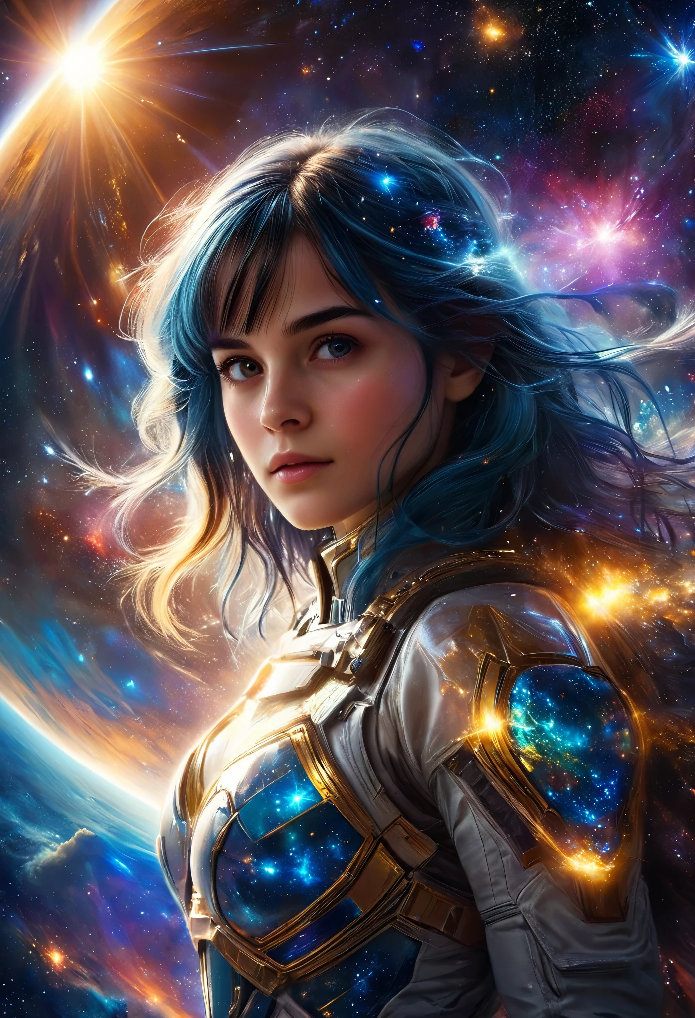 a photo of a beautiful girl with long blue hair, (Emma Watson:0.6), bangs, and detailed face looking at the viewer, stunning detailed portrait of anesimar flying in space, detailed galaxy and planets, 4k, best quality, extremely detailed, masterpiece, realistic, photo-realistic, ultra-fine painting, vivid colors, studio lighting