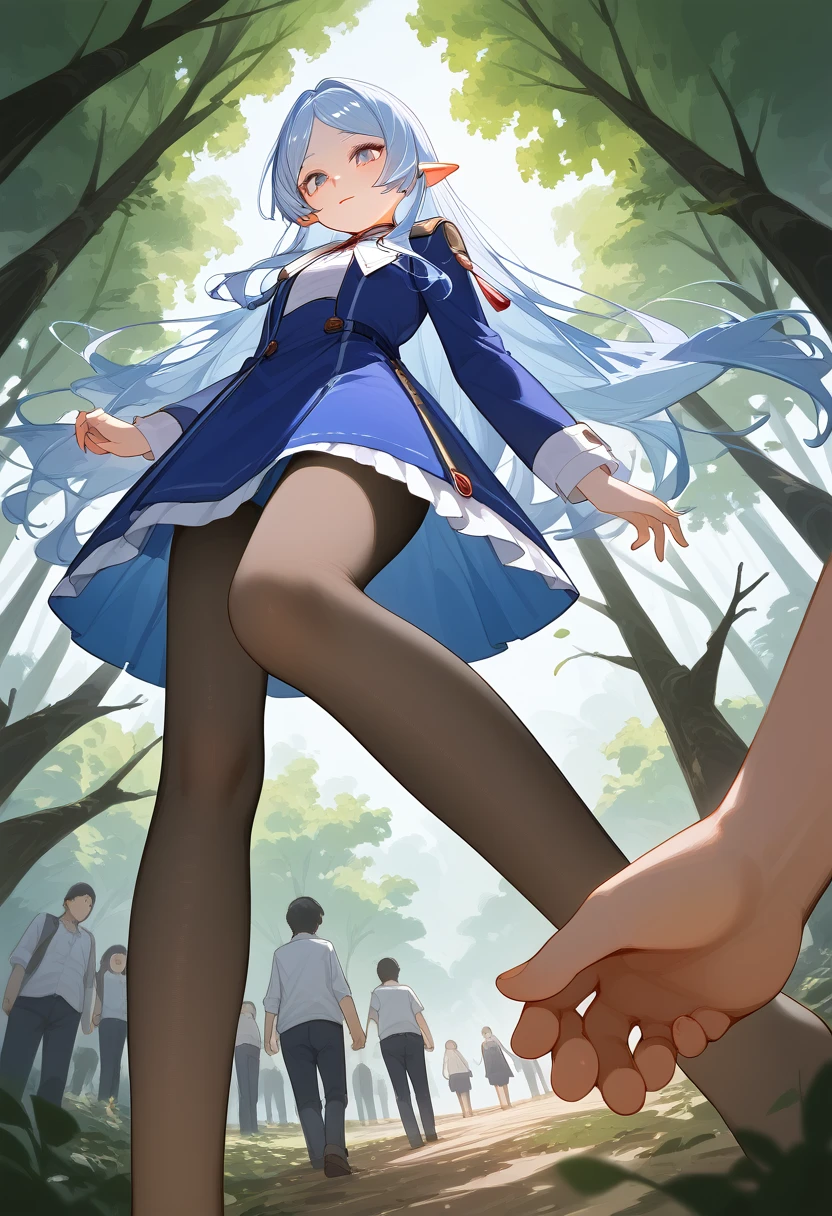 masterpiece, best quality, (Fraction_9, Fraction_8_Direction_7_up), 1 Girl, Solitary,Long hair , Black pantyhose, Looking at the audience, From below, Delicate hands, Really small body, forest, night, Clear focus, masterpiece, best quality，Underskirt，Hand pull skirt，裙子up，Barefoot，Blue Hair