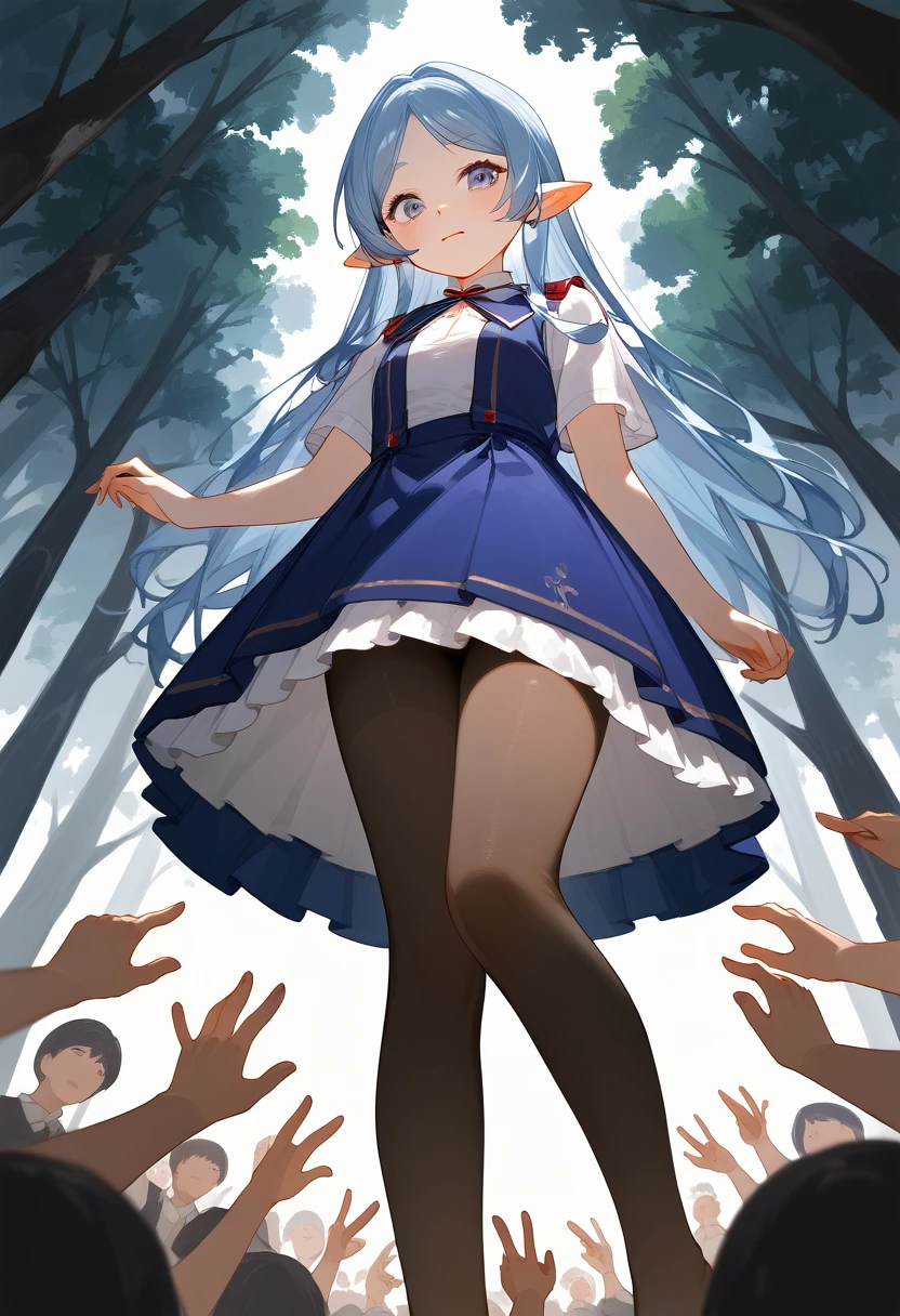 masterpiece, best quality, (Fraction_9, Fraction_8_Direction_7_up), 1 Girl, Solitary,Long hair , Black pantyhose, Looking at the audience, From below, Delicate hands, Really small body, forest, night, Clear focus, masterpiece, best quality，Underskirt，Hand pull skirt，裙子up，Barefoot，Blue Hair