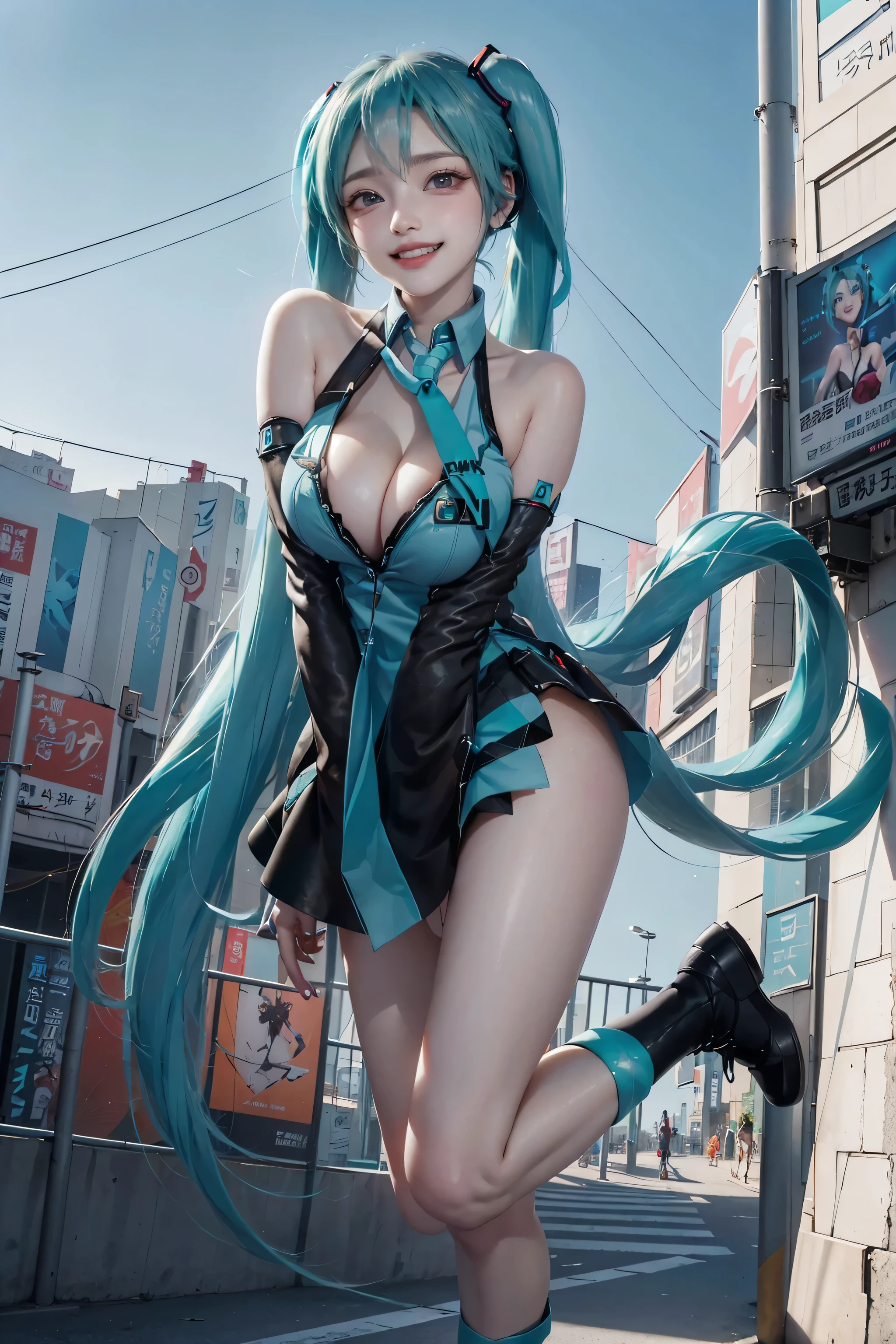((16K)),(masterpiece:1.3, Highest quality, Ultra-high resolution, Super detailed), (Realistic, photoRealistic:1.4), Perfect lighting, colorful, Depth of written boundary, Browsing Caution, Surrealism,Face Light,(( large breasts:1.4)),Beautiful detailed hair,((Beautiful eyelashes)), Beautifully detailed face, Beautiful fine details, Beautiful clavicle, Beautiful body, thin脚,Beautiful breasts, Beautiful feet, Beautiful Hands, Cleavage, Pointed Chest, thin, 1 girl, Perfect Face, Long eyelashes,Perfect Anatomy, Supermodel with a long neck,,((Skinny1.3)),looking at the camera,(Perfect Anatomy,Anatomically correct, Highly detailed skin), Shiny skin,((beautiful girl:1.1)), ((Cute smile:1.3)),(((hatsune miku))),Long twin-tailed ponytail, Light Tosca Hair and Eye Color (((Intense colors))), (((futuristic hatsune miku dress 1:1))),((Jump:1.3)),jump,Tokyo, filled with people crossing the streets. Tall buildings with colorful billboards and advertisements surround the intersection. Bright and lively atmosphere, clear skies, and a sense of movement and energy in the scene,View from the side,