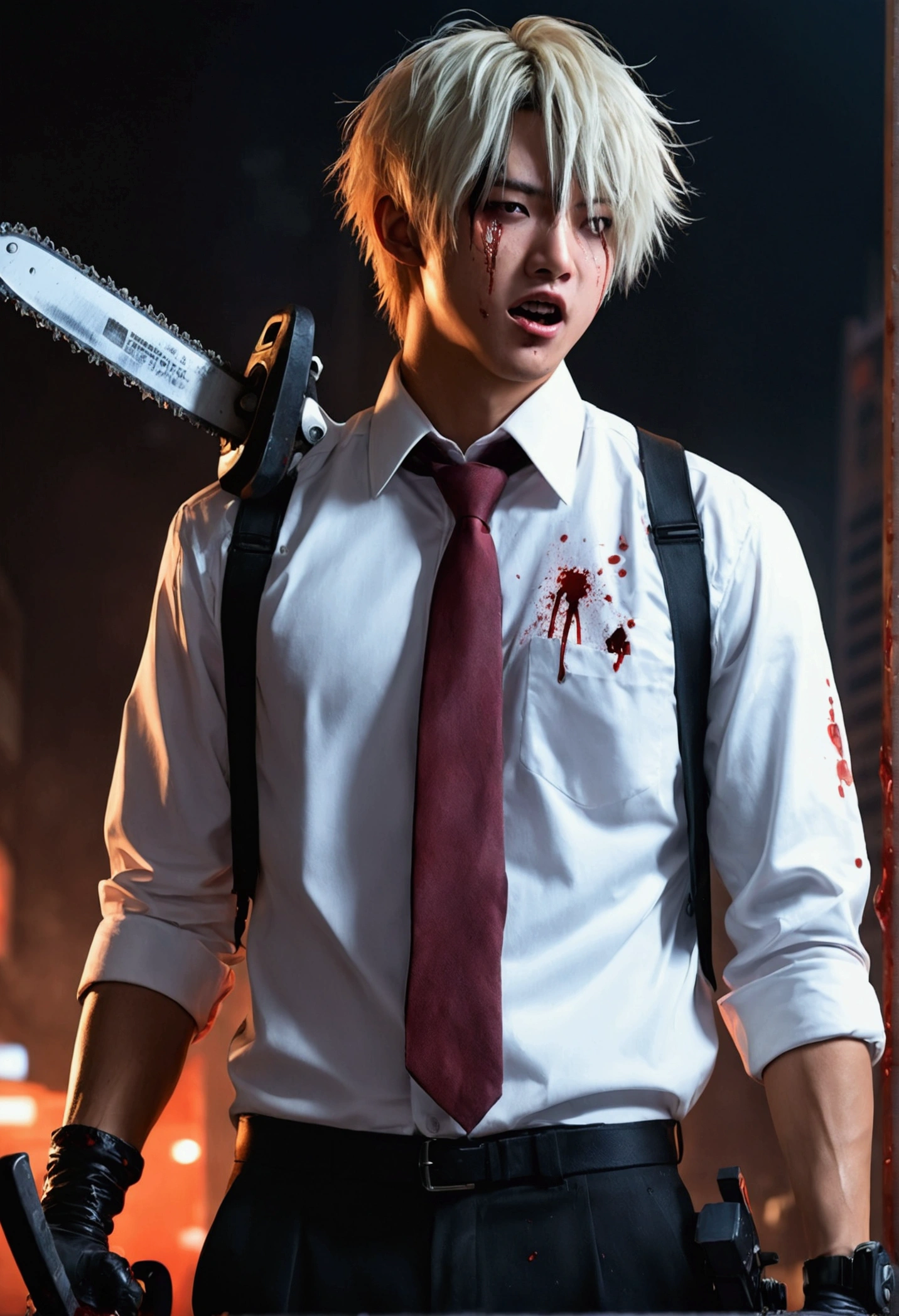 (artwork, best quality:1.2), Alone, close up, side view, cinematic lighting, 1 boy, chainsaw man, chainsaw, sharp teeth, open mouth, white collar shirt, (Blood_on_clothes:1.2), tie black, black pants, profile, tokyo cyberpunk,Best quality, 8k, wallpaper, detailed, ((art)).