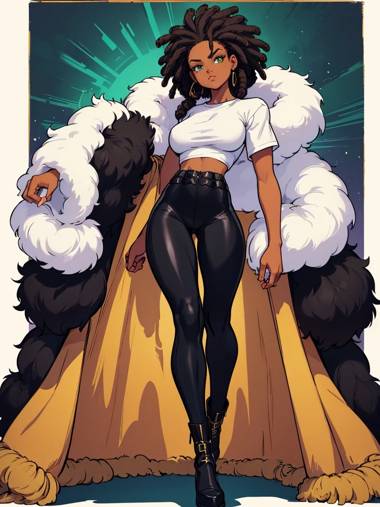 An Afro-American warrior with dreadlocks, green eyes, full body and toned body, ((wearing a fur coat and a tight white t-shirt underneath, wearing tight black pants)), 80s painting style illustration, image background of a village destroyed