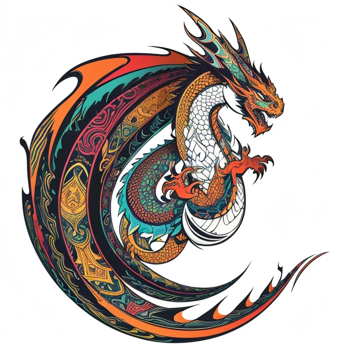 A psychedelic graphic design with a dragon head. Use the design style of RVCA clothing brand. ((White background)), vector style, for T-shirt printing.