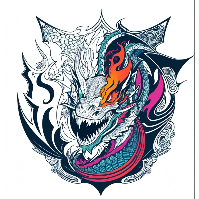 A psychedelic graphic design with a dragon head. Use the design style of RVCA clothing brand. ((White background)), vector style, for T-shirt printing.