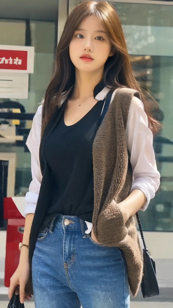 (lifelike, high resolution:1.3), 1 girl with a perfect figure, The face shape and eyes are super beautiful,Long hair, Random color vest:1.2, Short jeans, Big ,Showing cleavage