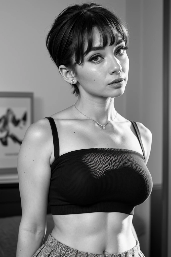 ((best quality, exceptional visual quality)), ((better skin texture, premium material)), ((upper body portrait, risqué photo shoot)), (a 1960's pop culture icon, hollywood starlet, sex symbol, similar to audrey hepburn), short hair with blunt bangs, (eye makeup, eyeliner), trendsetter, daringly wearing a crop top that shows off her midriff and a subtle amount of underboob, pleated skirt