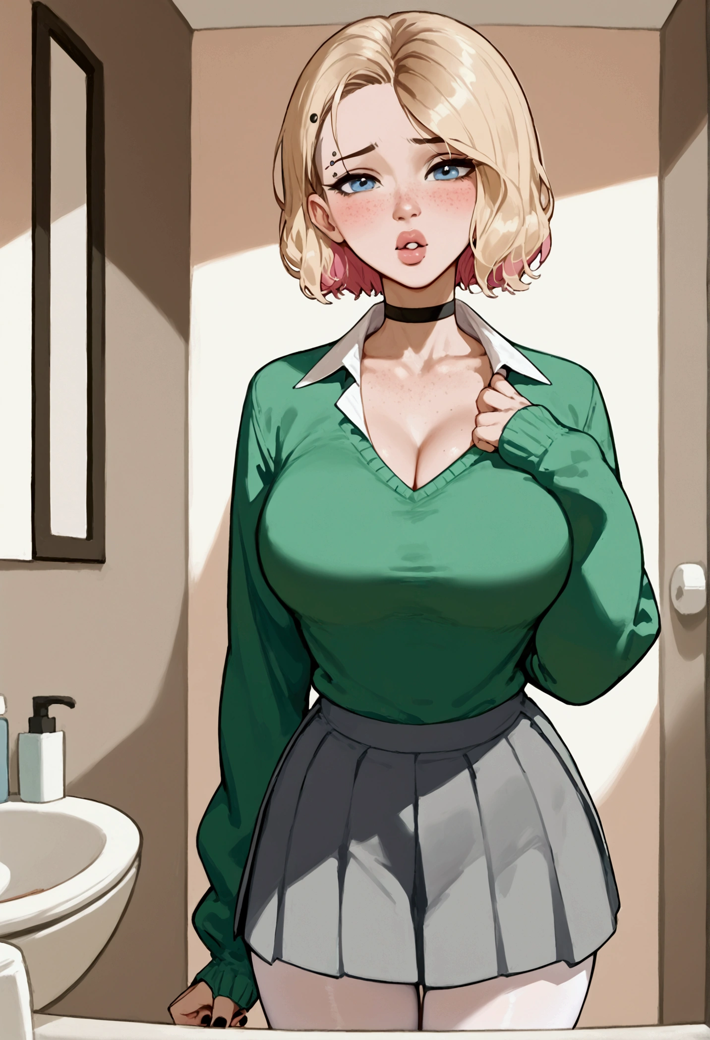 score_9, score_8_up, score_7_up, score_9, BREAK, GwenstacySDXL, 1girl,big breasts, solo, looking at viewer, blush, short hair, blue eyes, skirt, blonde hair, shirt, long sleeves, standing, collarbone, pantyhose, cowboy shot, pleated skirt, teeth, choker, collared shirt, indoors, miniskirt, medium hair, nail polish, sweater, lips, sleeves past wrists, makeup, piercing, black nails, grey skirt, freckles, white pantyhose, bathroom, green sweater, eyebrow piercing, thick lips