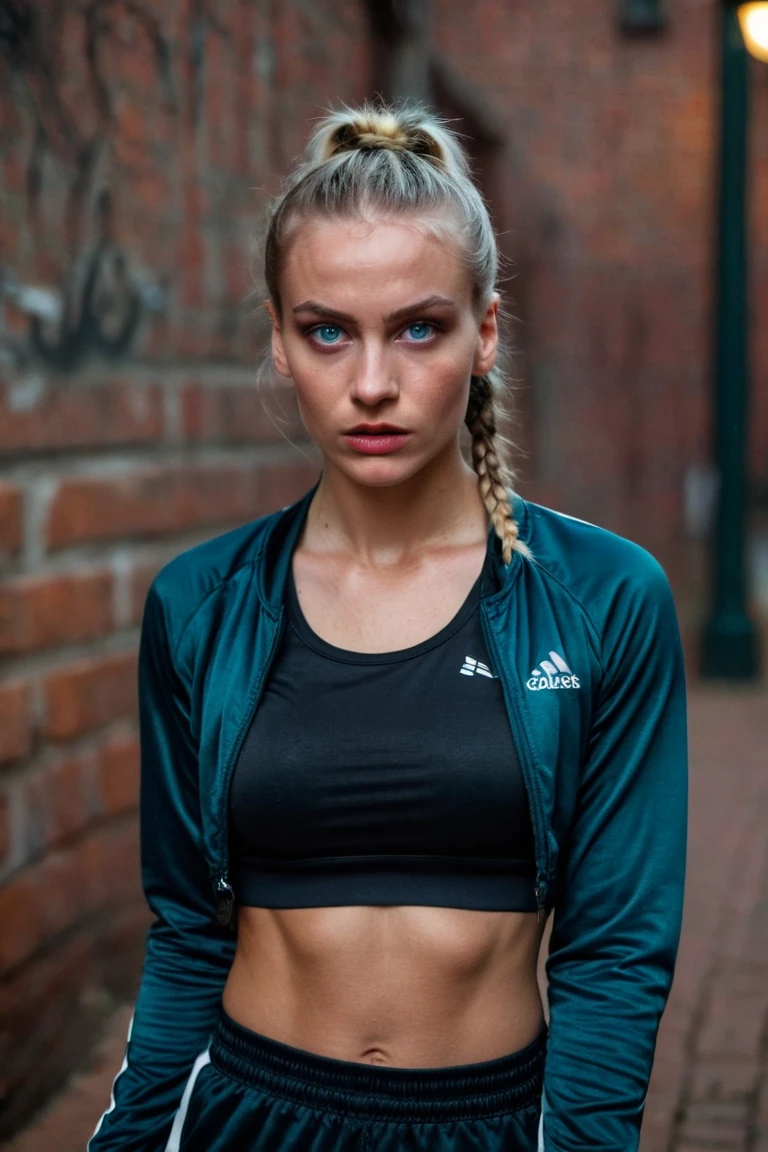 young woman, ultratextured skin, blue eyes, rough expression, bruses on face, straight gesture, two braided shiny hair, black crop top, tracksuit trousers, slavic ethnicity, blond hair, portrait, ultra high resolution, red bricks graffiti background, outdoor, lamp light lighting, facing camera, cheeky emotion, upper lip scar, sport wear, hands crossed on chest, wrists hidden, bright green makeup, young adult, acid color palette.