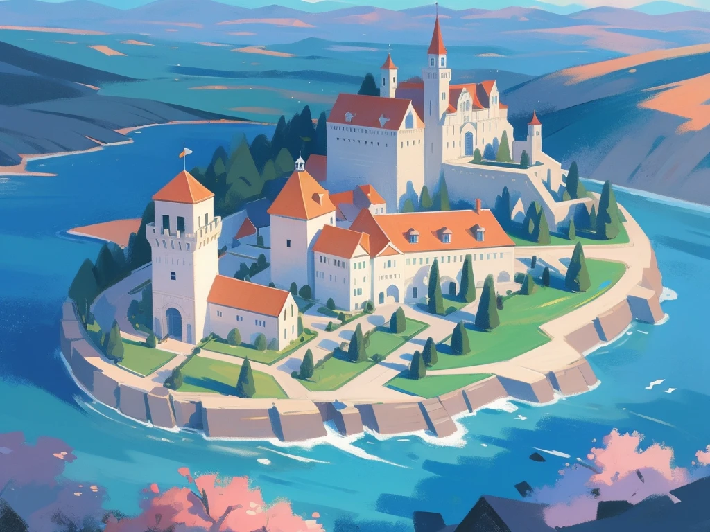 ilustração de livro ilustrado, ilustração de livro de histórias em aquarela, (beira-mar castle), cores pastel vibrantes, sonhar, colorida, Excêntrico, mágico, obra de arte, melhor qualidade, foco nitído, ambiente intrincadamente detalhado, Detalhes finos, Resolução 8K, (oceano), (beira-mar), horizon, A small floating magical medieval island city, top-down view, houses, various important locations, wizard's castle, medieval architecture, luminous details, wizard's tower with magical lights, welcoming asylum, vibrant school, robust bank, lively tavern, military training grounds, bustling market, official mayor's building, discreet brothel, port with docks, blue surrounding water, protective walls, vibrant colors, D&D map, drawn, small island, rpg drawing, fantasy sketch, various buildings, assymetric, round island, Small city, simple drawing, sketch, painting, floating island, flying island, painting, flying city in the style of inkarnate, painted, raw painting
