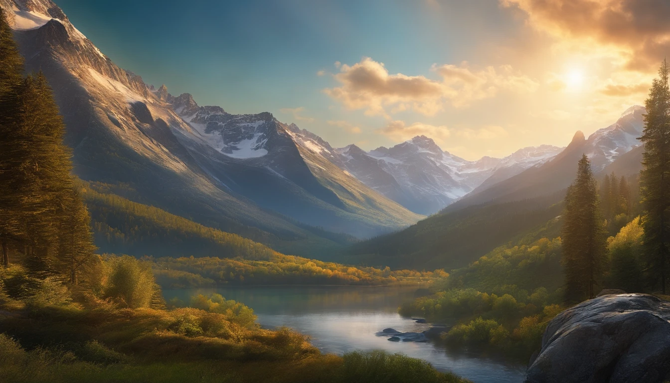 Imagine a stunning vista of a mountain range, with snow-capped peaks that seem to touch the sky. The mountains are a mix of rocky cliffs and lush green valleys, with a winding river snaking through the landscape. The sky above is a brilliant blue, with the sun shining down and casting a warm glow over the scene. The AI platform will bring this breathtaking image to life, with every detail rendered in stunning detail and vivid colors.