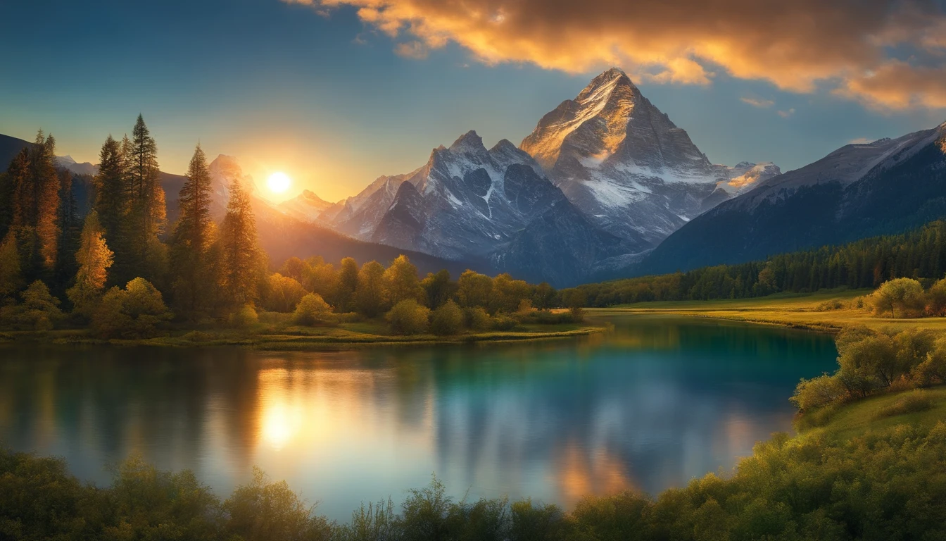Imagine a stunning vista of a mountain range, with snow-capped peaks that seem to touch the sky. The mountains are a mix of rocky cliffs and lush green valleys, with a winding river snaking through the landscape. The sky above is a brilliant blue, with the sun shining down and casting a warm glow over the scene. The AI platform will bring this breathtaking image to life, with every detail rendered in stunning detail and vivid colors.