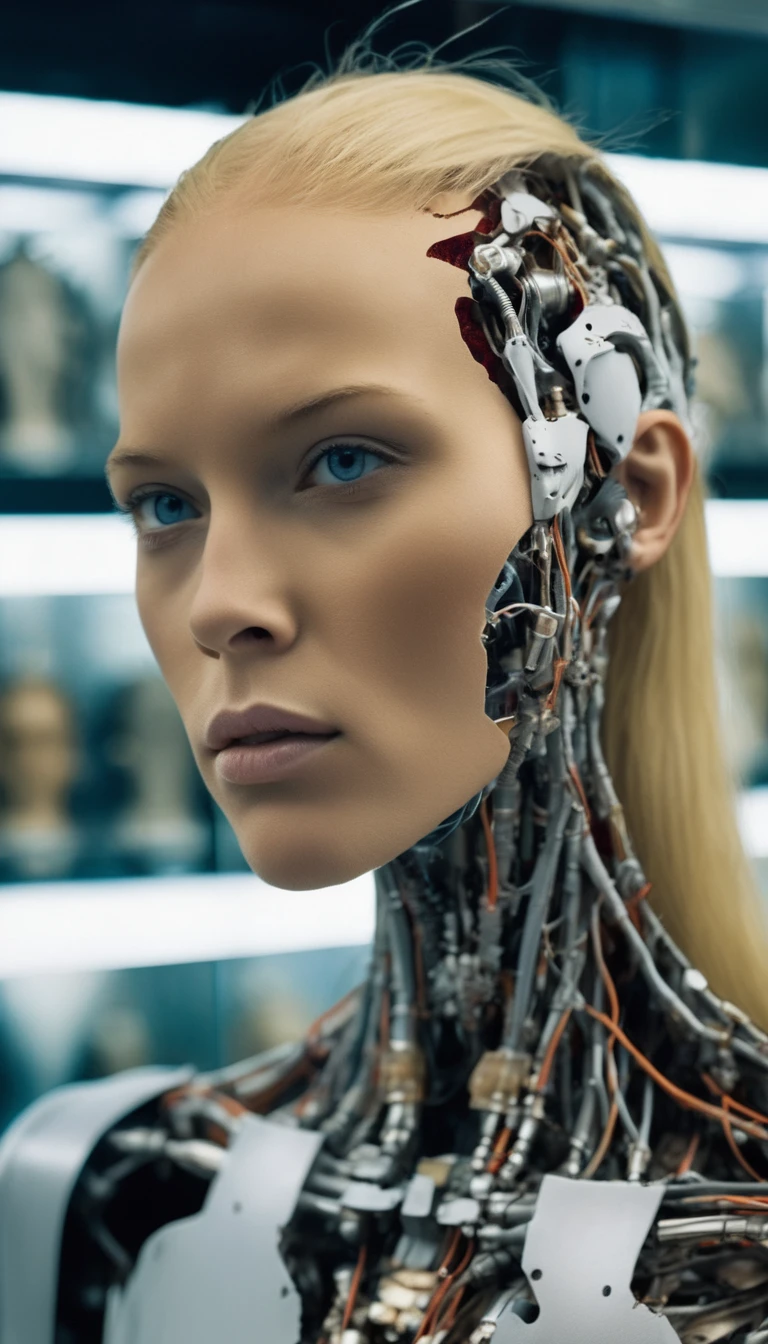 candid photo of a swedish tanned (damaged female bio-mechanical-cyborg with her face torn open standing in a display case in a futuristic store:1.2), long blonde hair, realistic skin, (skin ripped off face robot parts embedded in her skin, bionic eye under torn skin:1.2), (cracked skin, skin ripped open), (upperbody visible:1.5) Eerie, unsettling, epic, dark, grey background, promotional photoshoot, upcoming movie trailer, sharp focus, hd, photo by ingrid baars