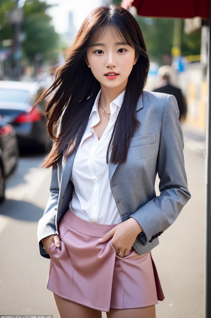 a  girl, she is the most beautiful actress in the world, the perfect body proportions of this girl, indirect breast bulge of her clothed upper body, the blazer is appropriately buttoned up on the formal shirt above the short skirt that's hardly covering the panties between her bare legs, her crotch area of the panties are seen just 1 cm below the short skirt , it's only one description of one body, it from right above her head to right below her shins are within the space, the front of her body, looking forward to viewer, she is standing, at the city street, nsfw, best quality, highly detailed, masterpiece, ultra high res, photo realistic, 8k, RAW photo