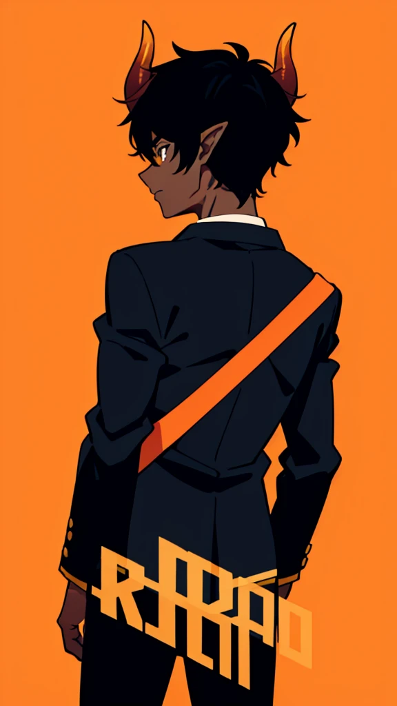 (1boy,18 years old,solo),((dark skin)),short hair,hair between eyes,black hair,elf ears,(horns),orange eyes,(no background, simple background),red necktie,black jacket, blazer,long sleeves,pant,(from back),serious,standing,battle pose,((upper body))