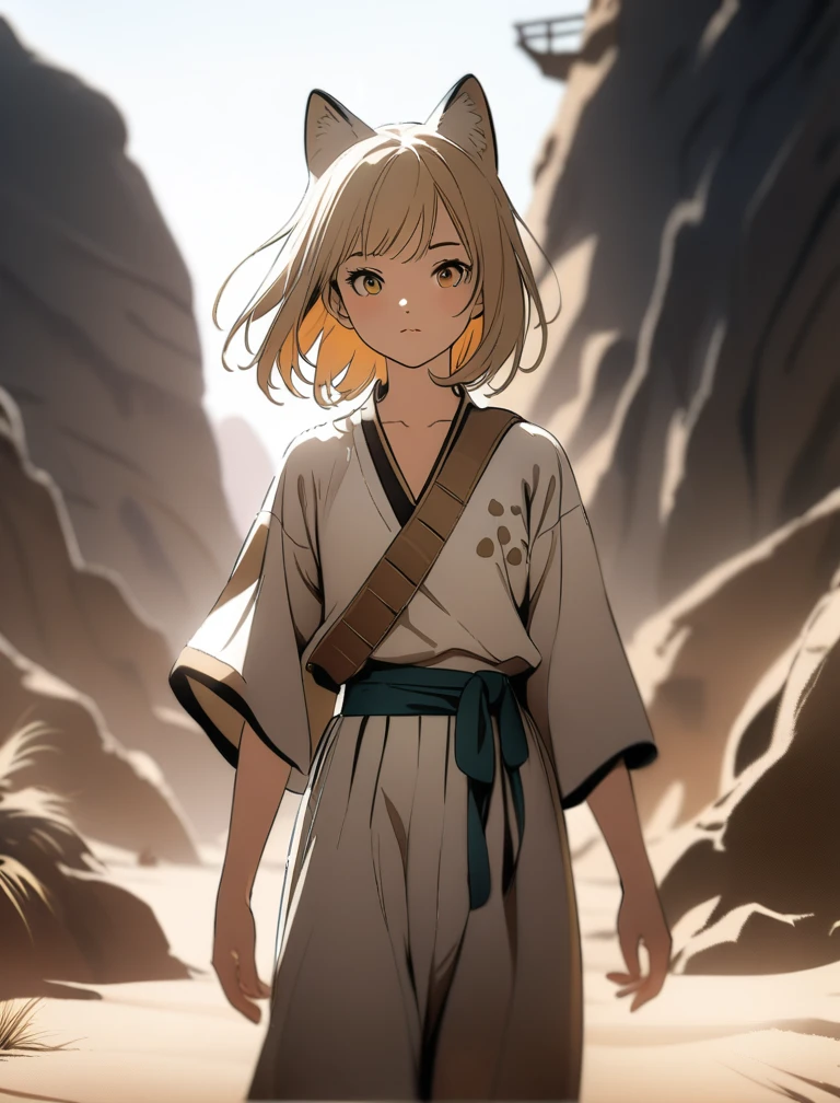 high-key and low-variance brightness scale,soft light,realistic light and shadow, light and dark, ((girl is sand cat:1.2)), neco ears, in desert, (in taureg clothes), very hot, a sun, manga art, professional art, ultra aesthetic, body detailed, full body, famous artist, cute, 