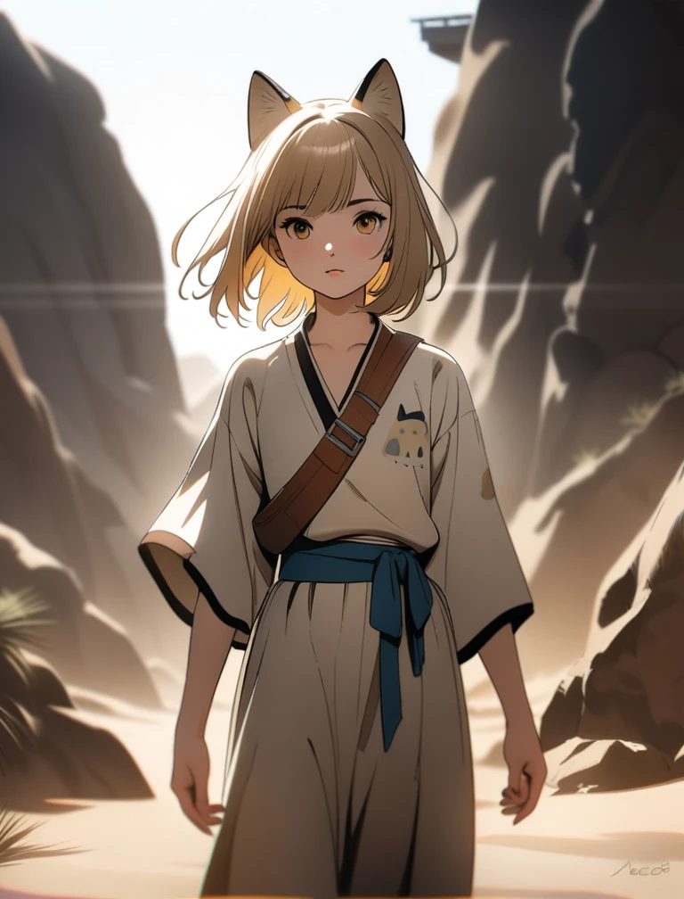 high-key and low-variance brightness scale,soft light,realistic light and shadow, light and dark, ((girl is sand cat:1.2)), neco ears, in desert, (in taureg clothes), very hot, a sun, manga art, professional art, ultra aesthetic, body detailed, full body, famous artist, cute,