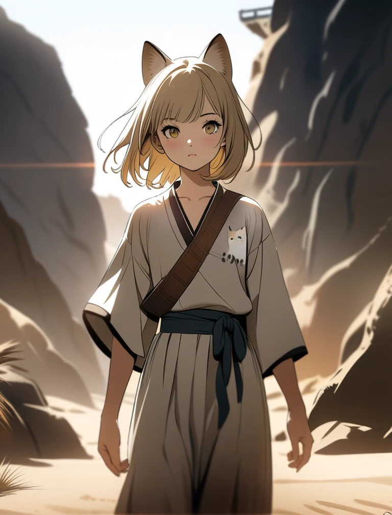 high-key and low-variance brightness scale,soft light,realistic light and shadow, light and dark, ((girl is sand cat:1.2)), neco ears, in desert, (in taureg clothes), very hot, a sun, manga art, professional art, ultra aesthetic, body detailed, full body, famous artist, cute,