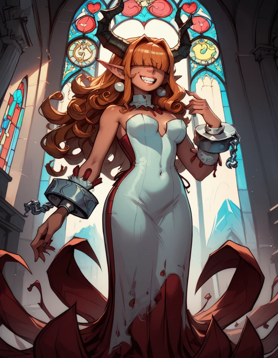 score_9,score_8_up,score_7_up,
Clergyxl,pointy ears,hair over eyes, curly ginger hair big breast,smile,teeth,long hair,hips,
bare shoulders,red strapless dress,pearl earrings,wrist cuffs,wristband,neck brace,
church,underworld, looking down at viewerShe has tan skin, she has heterochomria iridium, her left eye is orange, and her right eye is yellow, she has long horns on her head that curve into a heart, she has long curly ginger hair with curly bangs thag cover her eyes, she is  yet cruvy, she dresses in reds and blacks, wearing a tight dress, and platform heels.