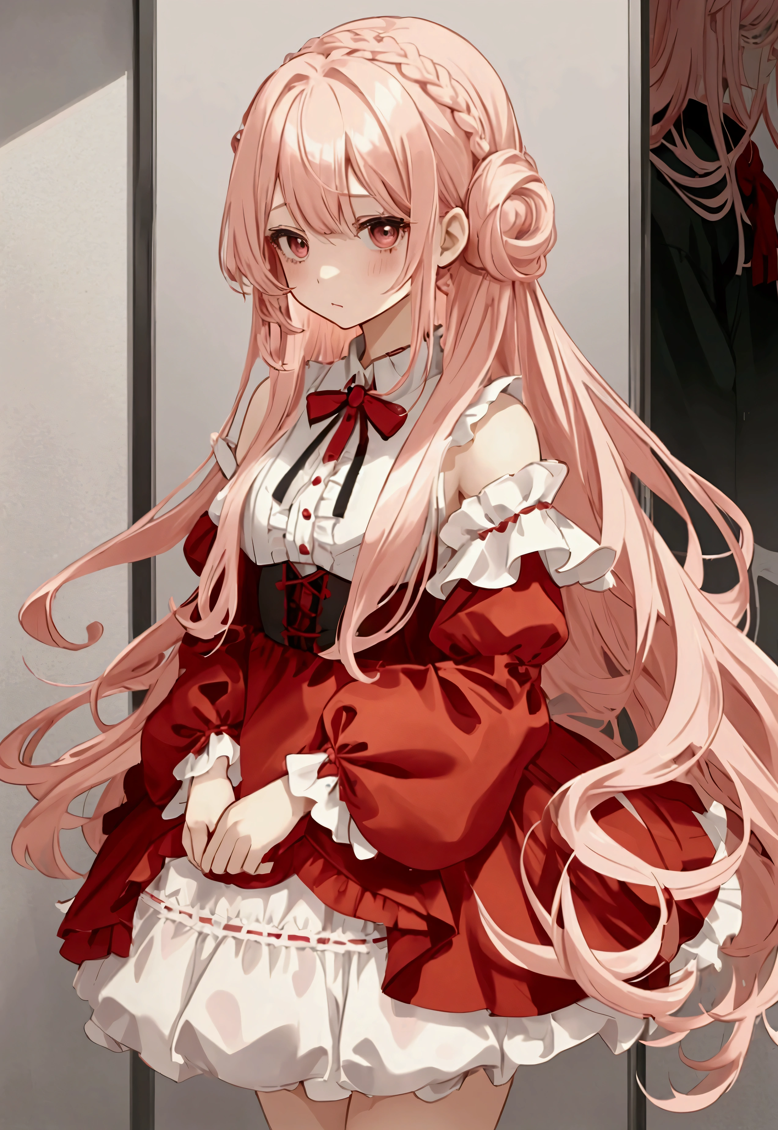 a cute light pink haired girl with long hair and big black eyes, with a cute red dress in doll style, her hair tied in a hasty style at the back of her head and on the sides, her face innocent and unsmiling, drawing anime