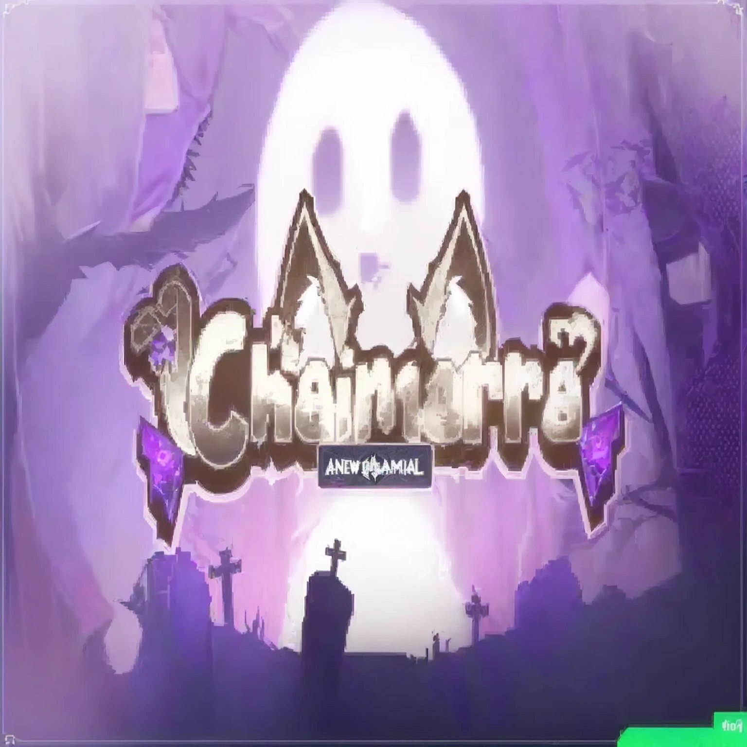 a logo for the game chainaros, with a ghost face and bats, channeling mana, chimera, chupacabra, chomatic aberration, chainmail, chainsaw, front cover of a new video game, chainsaw man, promo art, anime cover, chimeric, chromal aberration, key art, [ horror game ], danganronpa