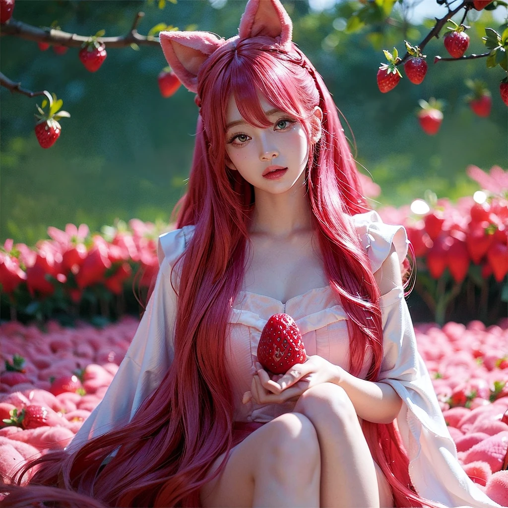 
araffe girl with pink hair sitting in a field of strawberries, belle delphine, red wig, anime girl cosplay, anime barbie doll, anime girl in real life, fairycore, beautiful anime style, curly pink hair, long flowing pink hair, pink and red color style, kawaii hair style, anime cosplay, beautiful pink little alien girl, with curly red hair Green eyes wearing a cute hair bow pink background Clear face