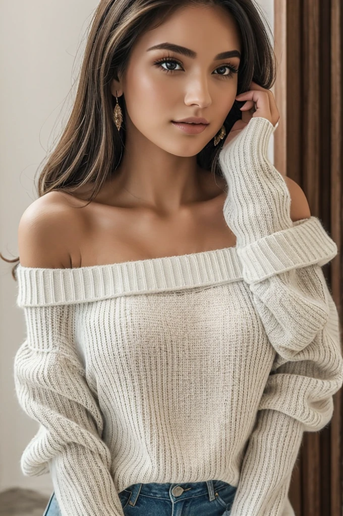 ((best quality)), ((masterpiece)), (detailed), 1girl, off-shoulder sweater, 