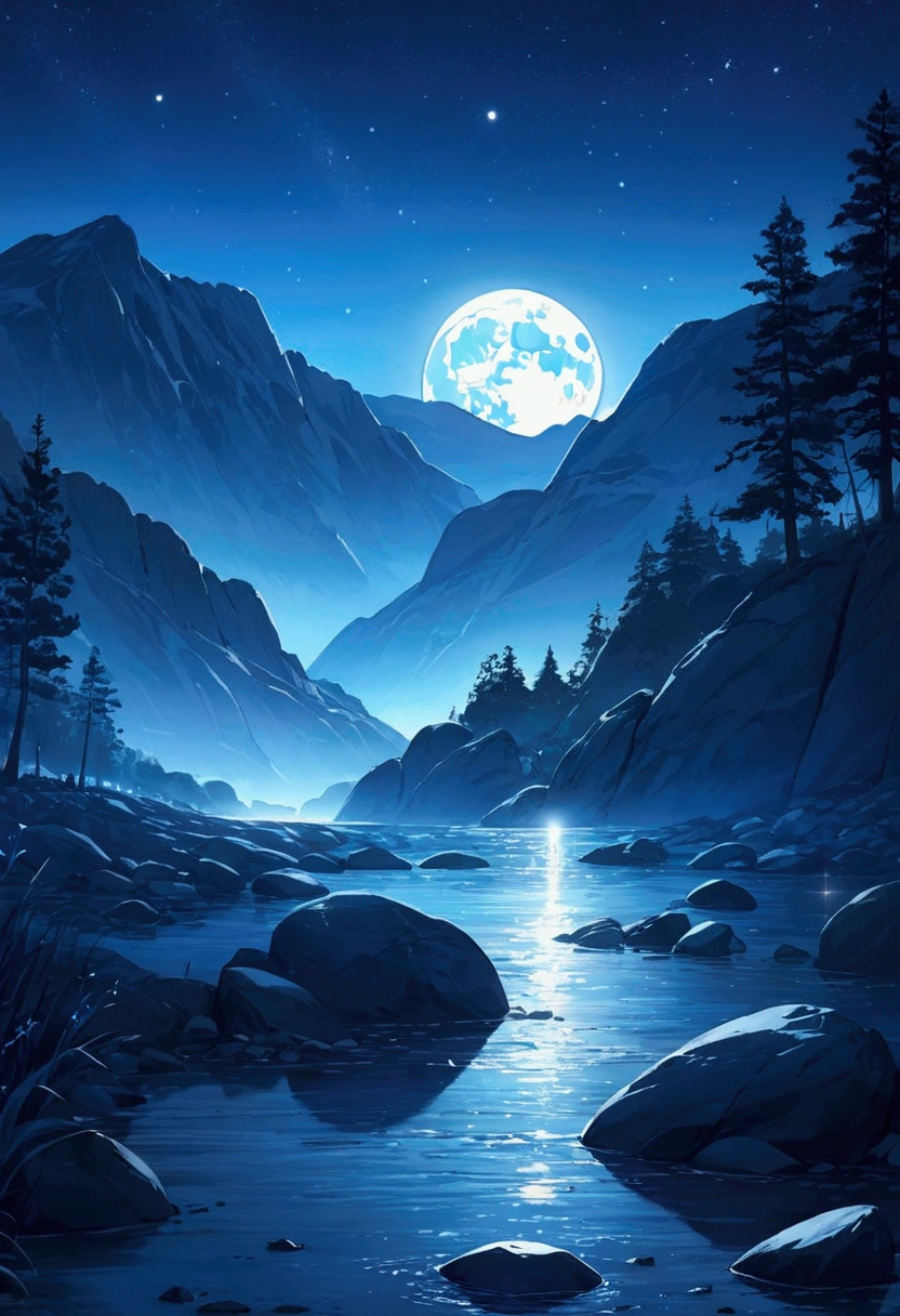 Moon River, scenery, null, night, star (null), starry null, Outdoor, water, night null, nature, rock, Shine, wood, No humans, Blue Theme, Mountain