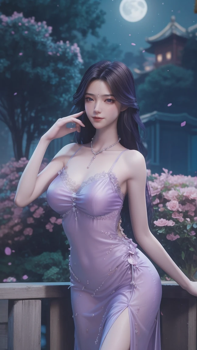 A beautiful woman with perfect curves wearing a long purple dress that gently flutters in the air,The beautiful woman was sitting in a sea of beautiful flowers surrounding her, Chinese traditional, her flexible body increasing with every movement, So enchanting, the dim candlelight, the glowing butterflies fighting the darkness of the night, the light of the moon, The night wind blowing the curtains, the purple flower petals , flower petals flying around the room, Chinese dancing, This woman is so beautiful that she attracts everyone who watches her, ancient China, imperial empress 