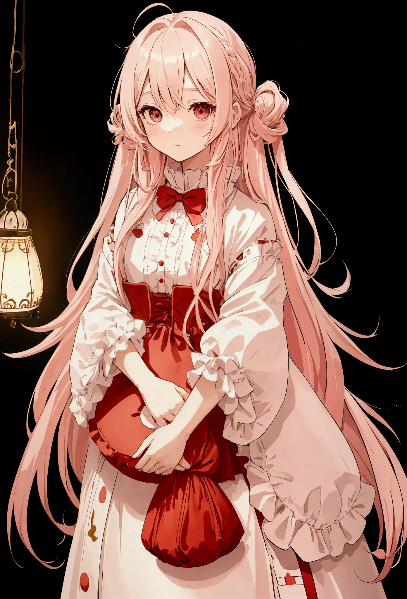 a cute light pink haired girl with long hair and big black eyes, with a cute red dress in doll style, her hair tied in a hasty style at the back of her head and on the sides, her face innocent and unsmiling, drawing anime 