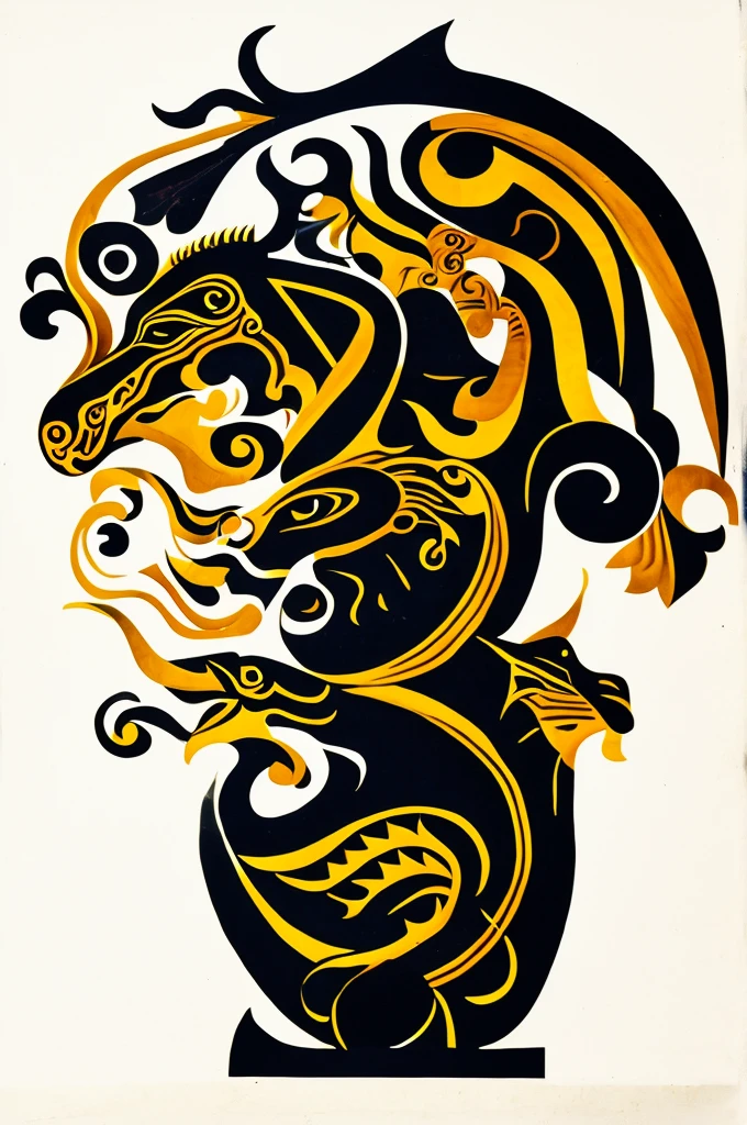 There is a picture of a stylized design,It has a dragon decoration, African iconography, Stitching style;author:Dalof Ipukar, inspired by Adolf Wölfli, inspired by Alexander Archipenko, tribal ancient imagery