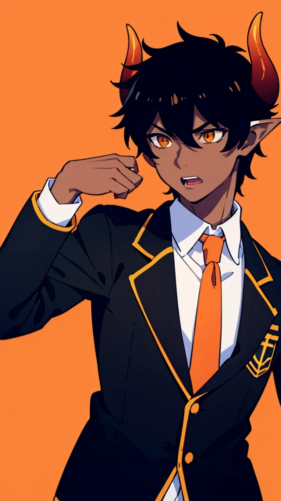 (1boy,18 years old,solo),((dark skin)),short hair,hair between eyes,black hair,elf ears,(horns),orange eyes,(no background, simple background),red necktie,black jacket, blazer,long sleeves,pant,(from back),serious,((upper body)),open mouth