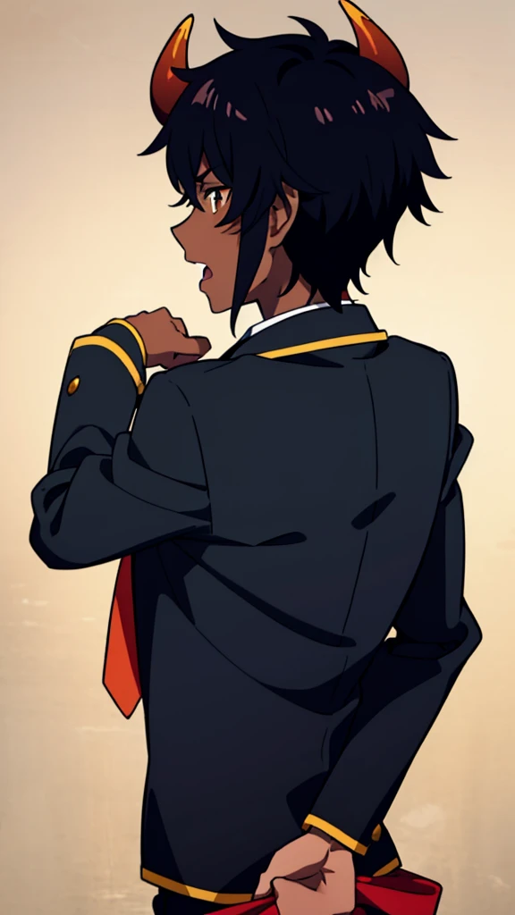 (1boy,18 years old,solo),((dark skin)),short hair,hair between eyes,black hair,elf ears,(horns),orange eyes,(no background, simple background),red necktie,black jacket, blazer,long sleeves,pant,(from back),serious,((upper body)),open mouth