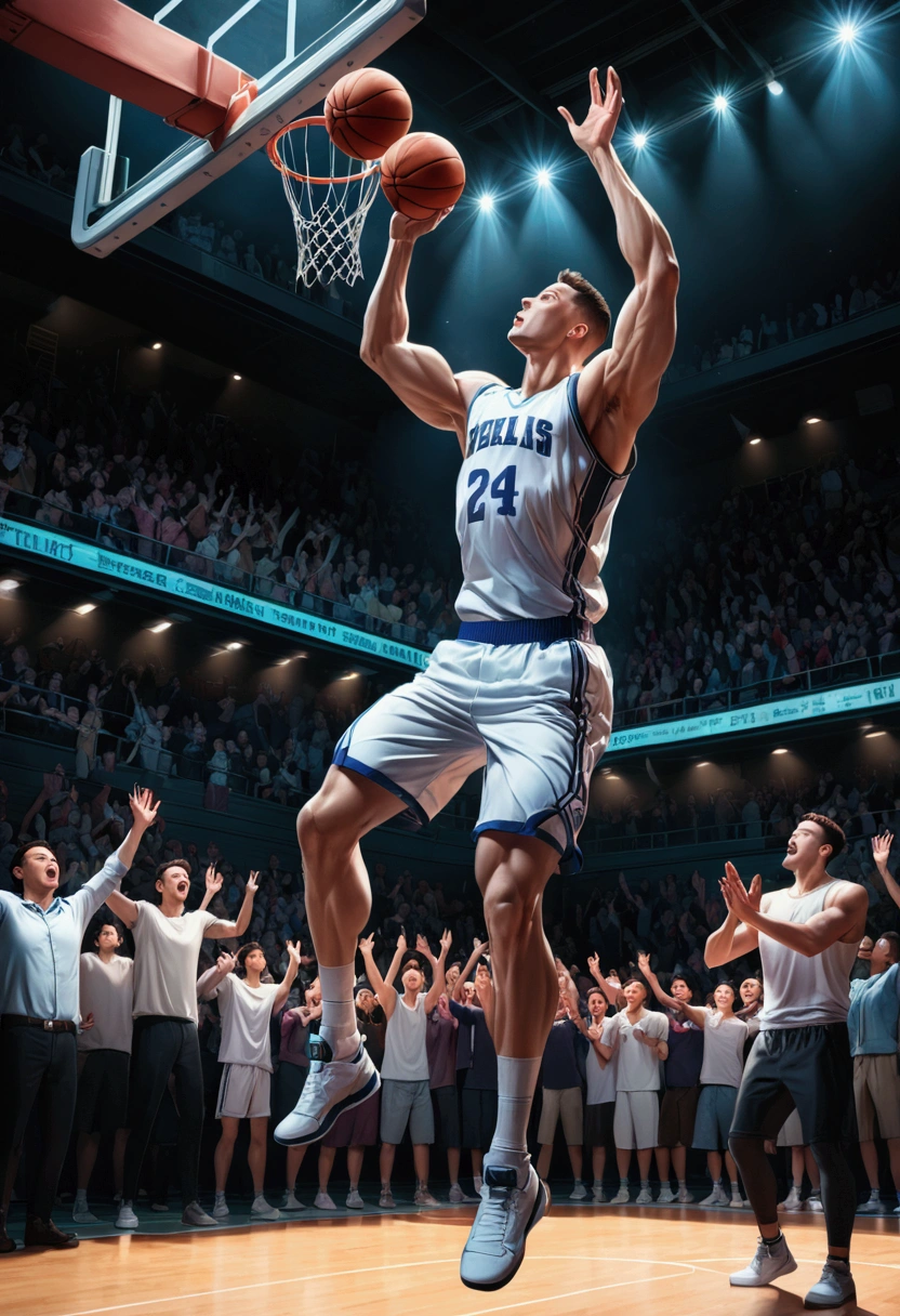 1boy, Game-Winning Dunk, a basketball player jumping high, performing a spectacular slam dunk, intense action pose, muscular male body, dynamic movement, basketball court, crowd cheering, dramatic lighting, cinematic composition, 8k, (4k,highres:1.2), ultra-detailed, studio lighting, extreme detail description, professional, vivid colors, masterpiece, best quality, very aesthetic, absurdres