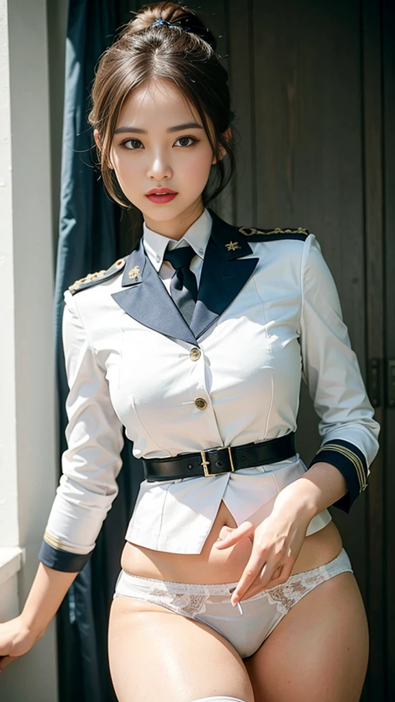 (Military girl: 1.5), highest quality、16K high resolution、Super detailed、masterpiece、Live shooting、realistic:1.4、hyper realism:1.4、sharp focus、very delicate and beautiful、small details、1 female、(european:1.2)、(from below)、(showing panties: 1.3)、(white panties:1.3)、(Cameltoe: 1.2)、 (standing, front)、(super beautiful)、(beautiful face:1.5)、(ponytail, stockings)、(detailed face)、(fine and beautiful eyes)、Perfect round eyes、(detailed lips)、Lipstick、(eyeliner)、mascara、eye shadow、(military uniform, green pencil skirt,)、white shirt、green suit, tie、At SFW