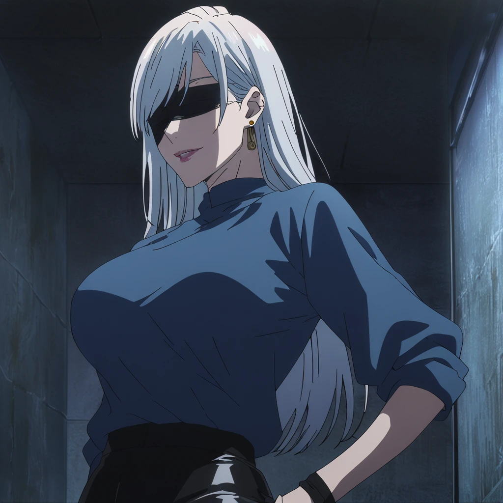 1girl, female gojo satoru, anime screencap from jujutsu kaisen, gojo satoru female version, solo, long_hair, ((wearing black blindfold)) ((White_hair)), night view, (hanging breasts) upper_body, smile, indoors, book, lips, (slightly straight hair) ((wearing blue shirt and short latex pant)) breast, "very detailed and high resolution" (black blindfold) ((solo)) (((front view))) (earings) ((high resolution)) ((good quality)) ((swept bangs))