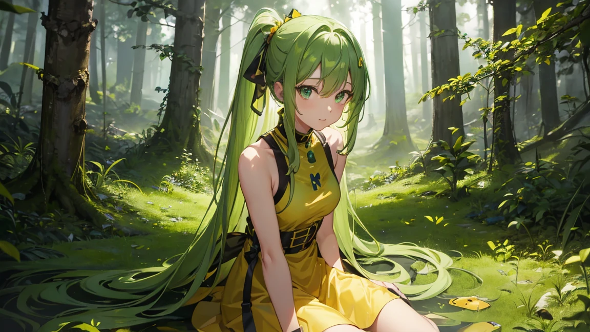 Green slime girl, body, Small breasts, Yellow skirted dress, Sitting on the ground, in the forest, green hair, light smile, anime style, UHD, masterpiece, accurate, anatomically correct, super detail, best quality, highres, 4K