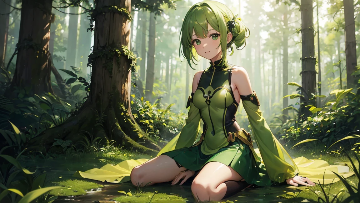 Green slime girl,  body, Small breasts, Yellow skirted dress, Sitting on the ground, in the forest, green hair, light smile, anime style, UHD, masterpiece, accurate, anatomically correct, super detail, best quality, highres, 4K