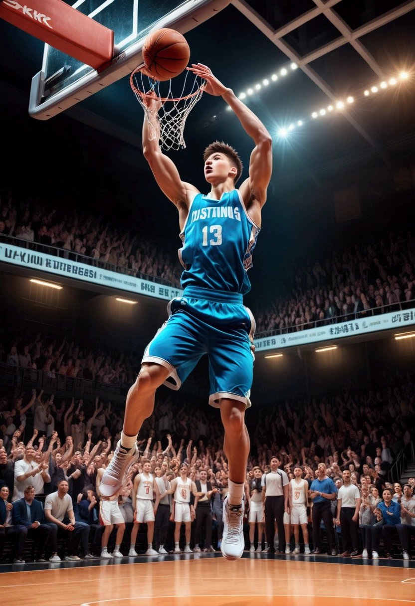 1boy, Game-Winning Dunk, a basketball player jumping high, performing a spectacular slam dunk, intense action pose, muscular male body, dynamic movement, basketball court, crowd cheering, dramatic lighting, cinematic composition, 8k, (4k,highres:1.2), ultra-detailed, studio lighting, extreme detail description, professional, vivid colors, masterpiece, best quality, very aesthetic, absurdres