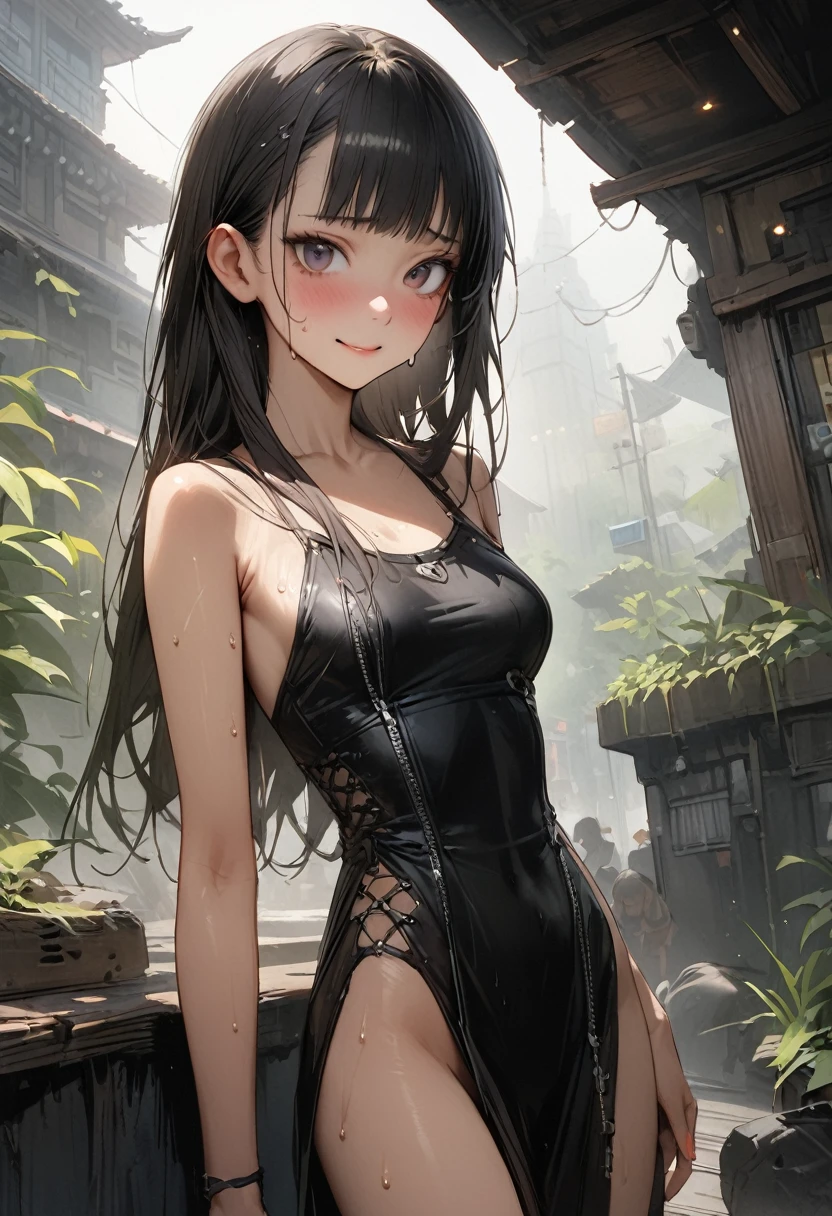 ((masterpiece,Highest quality:1.3,best quality illustration)),realistic,cowboy shot,独奏,1woman,(18 year old beauty),black hair,long hair,bangs,black eyes,gorgeous big eyes,((very small head:1.3)),shy,smile,((very long body:1.2,skinny)),medium breasts,(Punk Fashion),sweat,gleaming skin,toned body,slender body,kneeling,,World of Blade Runner、
