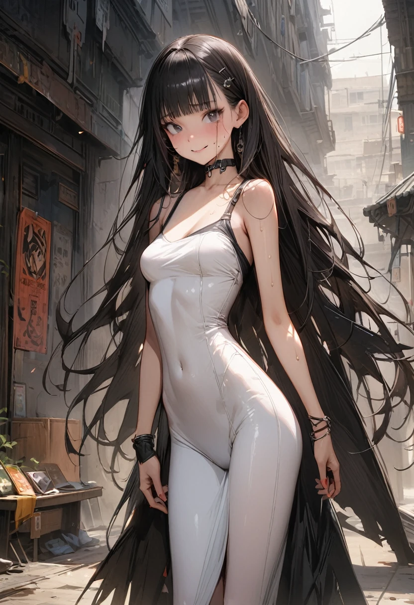 ((masterpiece,Highest quality:1.3,best quality illustration)),realistic,cowboy shot,独奏,1woman,(18 year old beauty),black hair,long hair,bangs,black eyes,gorgeous big eyes,((very small head:1.3)),shy,smile,((very long body:1.2,skinny)),medium breasts,(Punk Fashion),sweat,gleaming skin,toned body,slender body,kneeling,,World of Blade Runner、