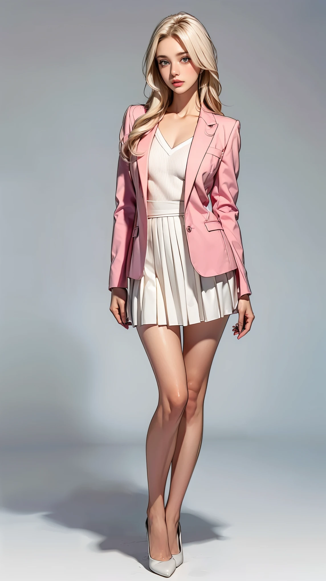 ((masterpiece,best quality,8k,highres)),((character concept art)), 1 female, young adult female, Anastasia Volkova, 18 years old, 175cm, (long, platinum blonde hair), platinum blonde hair, (fair skin colour), ultra finely detailed eyes (blue eyes colour), dazzling, graceful, confident, perfect body build ((slim)), ((intricate detail)), super finely detailed hands, ultra finely detailed fingers(((ten fingers))), wearing pink blazer jacket white shirt and white pencil pleated skirt, (standing with grace), ((full body showcase)), (show full body), (no logos on background), (no logo), ((plain background)), ((plain background)), (((empty background)))