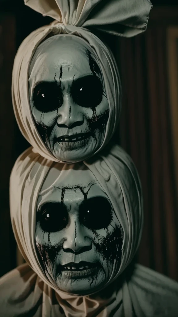 Pocong . Ghost.(( Scary face.))((White eyes)) Skeleton. Movie mood horror. Bood on face. ((Realistic)). Big eyes. White eyes.((solo))