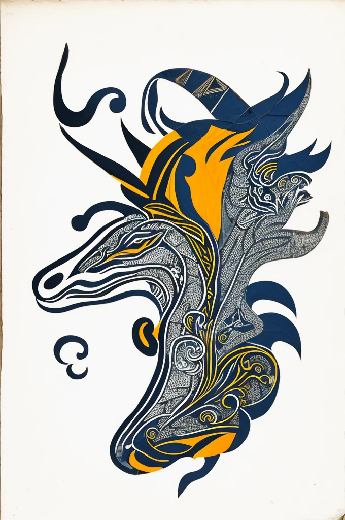 There is a picture of a stylized design，It has a dragon decoration, African iconography, Stitching style；author：Dalof Ipukar, inspired by Adolf Wölfli, inspired by Alexander Archipenko, tribal ancient imagery