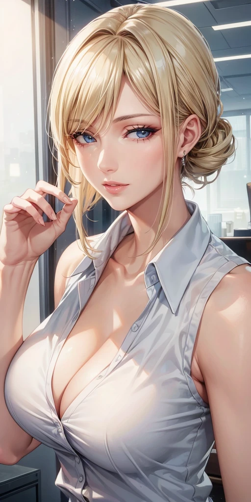 Elegant mature woman, milf, blue eyes, blonde hair, soft light, high detailed, 4k resolution, high quality, beautiful cg