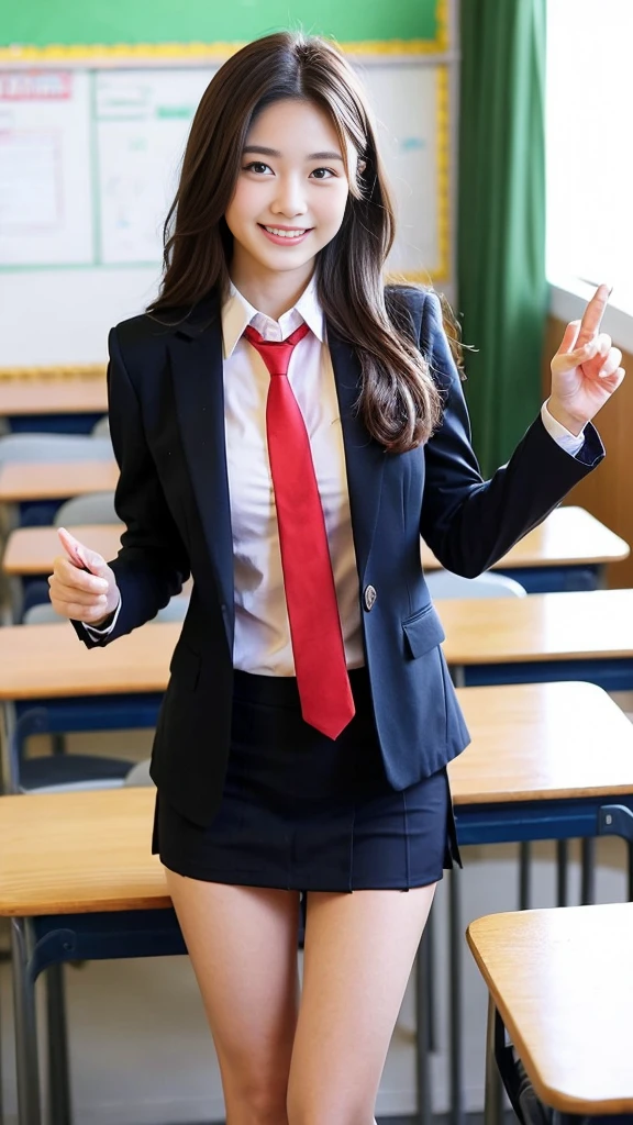 ((best qualtiy,8k,tmasterpiece:1.3)),1girll, ssmile,full bodyesbian,Slim Faces,slim toned body,Beautiful woman,exquisite facial features,(black suit jacket,ribbons,sockes,High School Uniforms:1.4),Super detailed face,Detailed eyes,二重まぶた,((A shallow smile:1.2)),blur backgroun,Inside a high school classroom,Sit at a desk in the classroom,voluptuous figure,Natural lighting,Bright light,Normal hands,((A plump chest:0.6))