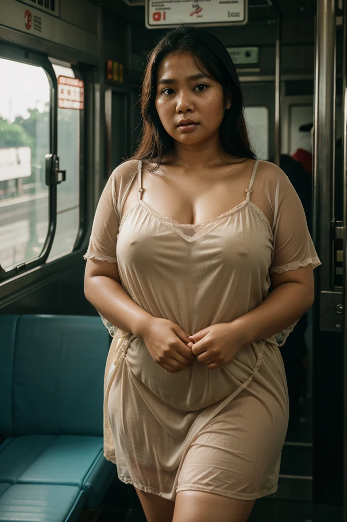 A beautiful, chubby Indonesian woman in Jakarta, with a natural face and no makeup, wearing a gossamer night gown, is standing in a train while holding onto a handstrap. She looks tired and sweaty. 4K photography, hyperrealistic.